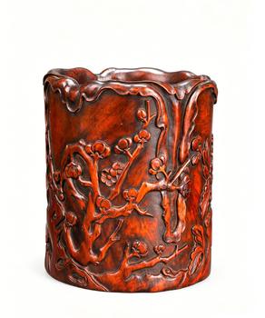 Huanghuali Plum Blossom Carved Brush Pot