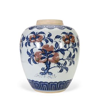 Qing Dynasty Underglaze Blue & Copper Red Peach Jar