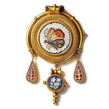 Victorian Italian Gold Micro Mosaic Convertible Brooch Pendant