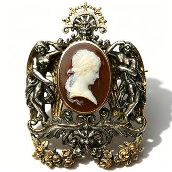Signed French Art Nouveau Bi-Metal Agate Cameo Brooch