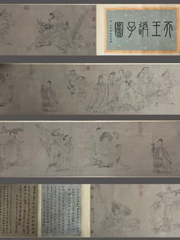 吳道子 白描天王送子圖手卷 手卷絹本水墨