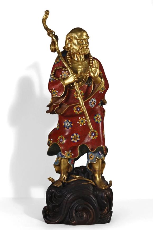 蘭亭古美術(shù)オークション清 銅景泰藍(lán)掐絲琺瑯達(dá)摩一葦渡江造像