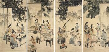 傅抱石 仕女琴棋書畫 四條屏紙本