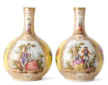 Lot 4 A PAIR OF DRESDEN PORCELAIN BOTTLE VASES IN THE MANNER OF HELENA WOLFSOHN