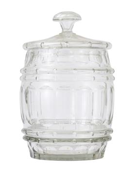 Lot 58 A VICTORIAN CUT GLASS BARREL-FORM BISCUIT JAR AND COVER