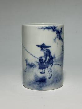 A Blue and White Cylindrical Brush Pot Depicting a Fisherman Beneath a Tree, 19th–20th Century