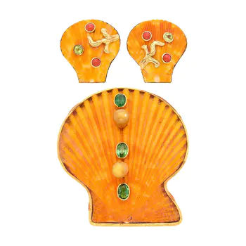 Marguerite Stix Gold, Shell, Dyed Cultured Pearl and Gem-Set Clip-Brooch and Maz Pair of Earclips