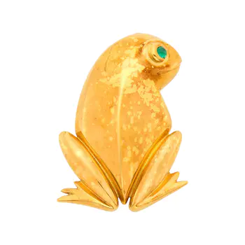 Gold and Cabochon Emerald Frog Clip-Brooch