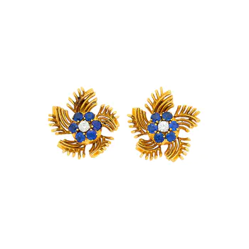 Gubelin Pair of Gold, Diamond and Sapphire Earclips