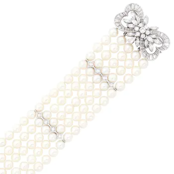 Five Strand Cultured Pearl, Platinum and Diamond Bracelet