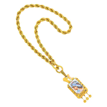 Antique Twisted Gold Chain Necklace with Gold, Silver and Painted Portrait Miniature and Diamond
