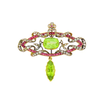 Antique Silver, Gold, Peridot, Ruby and Diamond Brooch