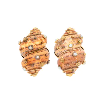 Maz Pair of Gold, Shell and Split Pearl Earclips
