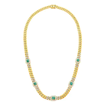 Two-Color Gold, Cabochon Emerald and Diamond Curb Link Chain Necklace