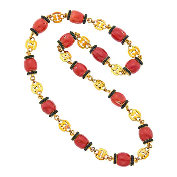 Trio Long Gold, Coral and Black Onyx Bead Chain Necklace