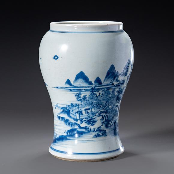 大阪國(guó)際清 青花山水人物水指