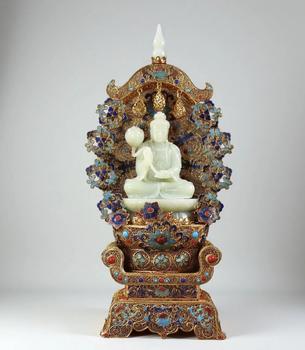 清 花絲鎏金和田白玉觀音一尊