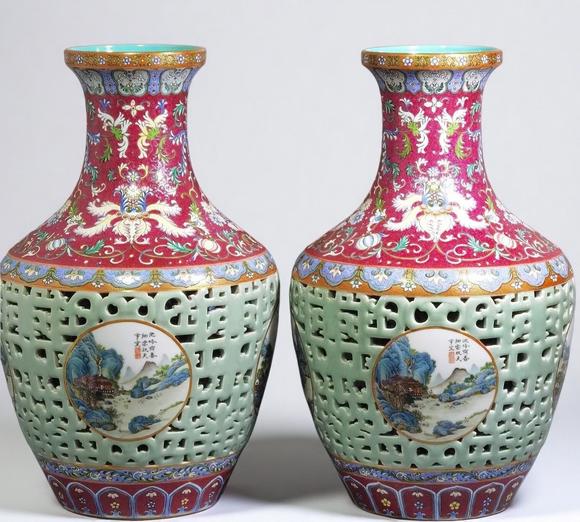 東京蕓術(shù)|2026東京蕓術(shù)競売春季藝術(shù)品拍賣會清乾隆 洋彩錦上添花開光山水圖鏤空套瓶