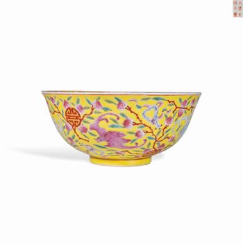 Qing Guangxu yellow pastel Fushou pattern bowl | 清光緒 黃地粉彩福壽紋碗