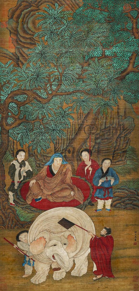 Cascade'sVertical axis of Yan Liben silk printing image | 閻立本絹本洗象圖立軸