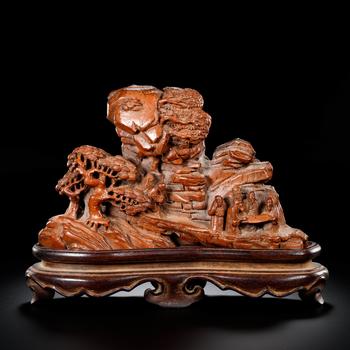 Bamboo carving landscape figure Shanzi in Qing Dynasty | 清 竹雕山水人物山子