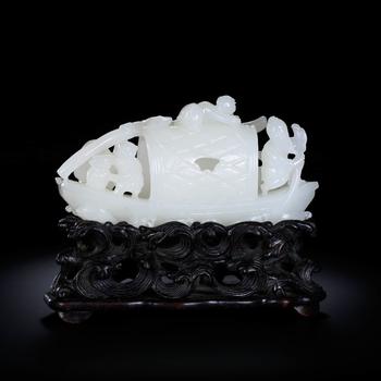 Qing Dynasty Hetian Baiyu Fisherman Leyuchuan | 清代 和田白玉漁家樂(lè)玉船