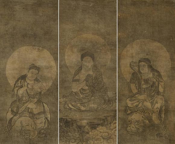 京都祇園會拍賣|京都祇園會2026年8月秋季拍賣會元代 華嚴(yán)三圣圖三幅 絹本掛軸 日本古裂裝裱 日本桐箱附