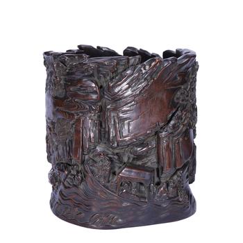 A CHINESE HUANGHUALI WOOD BRUSH POT