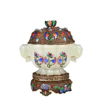A CHINESE HETIAN JADE GILT FILIGREE CENSER