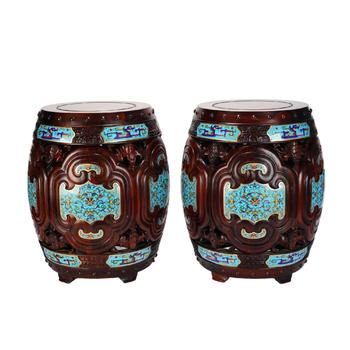 A PAIR OF CHINESE ZITAN ENAMEL DRUM STOOLS