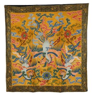 A CHINESE YELLOW THREE PHOENIX BROCADE PANEL