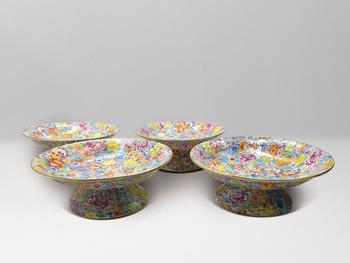 仿乾隆粉彩繁花高足供盤4件1組
