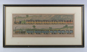 Tuck (Raphael & Sons, publishers) - 'Travelling on the Liverpool and Manchester Railway, 1831', a pair, chromolithographs, each 24cm x 64cm, within Ho