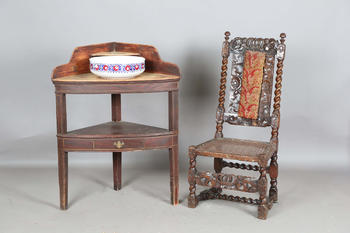 A George III provincial scumbled pine corner washstand, height 101cm, width 82cm, together with a Carolean walnut framed side chair, height 107cm, wid
