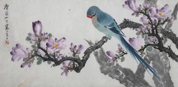 東京中央沐春堂拍賣(mài)江寒汀 〈畫(huà)眉高鳴圖〉 鏡框