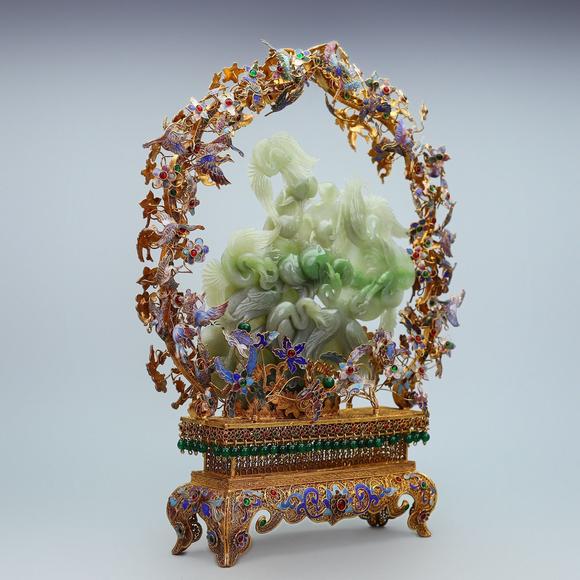 東京蕓術掐絲鑲嵌和田玉青花鶴擺件