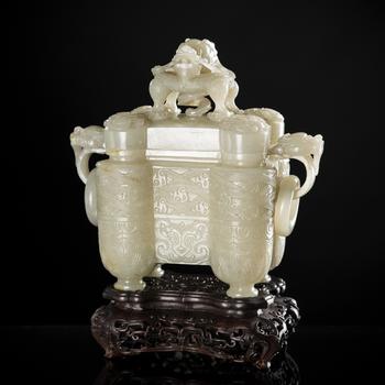 A PALE CELADON JADE ‘TULU’ VESSEL AND COVER, CHINA, QIANLONG PERIOD (1736-1795)