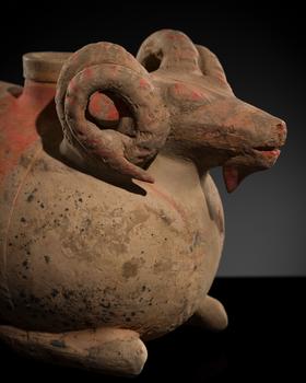 A LARGE PAINTED POTTERY ‘RAM’ VESSEL, ZUN, HAN DYNASTY