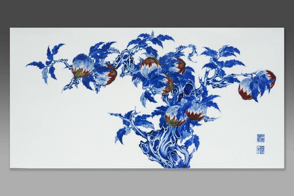You Need王步 青花釉裏紅壽桃瓷板