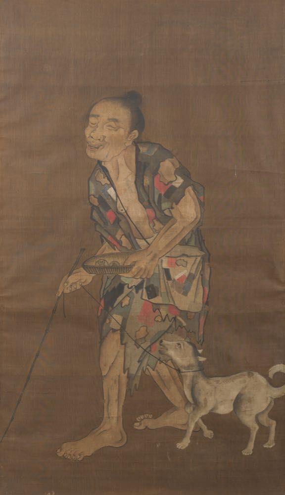 Coronari Auctions BVChinese school: A blind beggar with a dog, ink and colours on silk, probably Ming