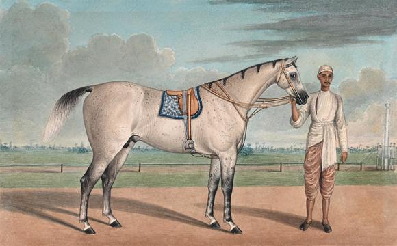DreweattsSTUDIO OF SHAIKH MUHAMMED OF AMIR KARRAYA (FL. 1830-1850), A WHITE STALLION WITH A GROOM