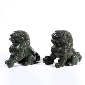和田碧玉雕獅形擺件（一對(duì)）