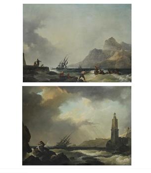 PHILIP JAMES DE LOUTHERBOURG (FRENCH 1740-1812), SHIPPING AT SEA WITH FIGURES AND LIGHTHOUSE
