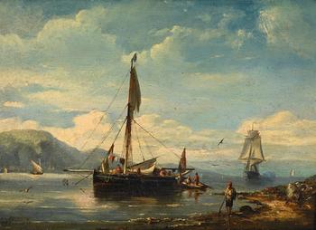FOLLOWER OF EUGéNE MODESTE EDMOND LE POITTEVIN, FISHING BOAT OFF SHORE WITH A MAN-O-WAR BEYOND