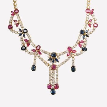 Splendid Ruby Sapphire and Diamond Parure with Feston Necklace, Bracelet and Pair of Earrings.