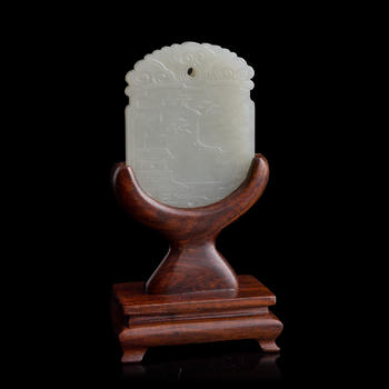 十九世紀早 白玉雕青山流水牌（附木座）  A Chinese carved white jade 'landscape' plaque