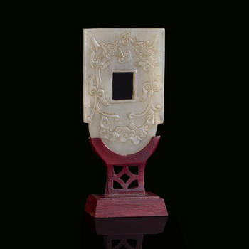 十九世紀 白玉雕螭龍紋斧形佩（附木架）  A Chinese carved white jade 'chilong' axe-form plaque