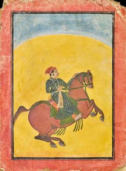 An equestrian portrait of a ruler,?
India, 20th century,?

in the Rajasthani style, opaque pigments on paper, facing right, on a prancing chestnu