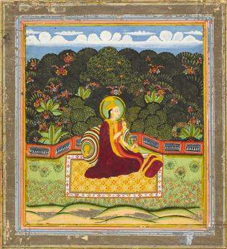 A seated lady,?
Possibly a Kishangarh artist at Bundi, circa 1850 and later,?

Opaque pigments on paper, facing right, haloed, reclining on a bol