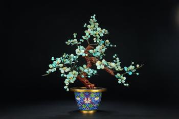 景泰藍(lán)玉石盆景松石青梅